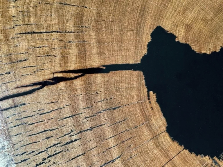 Zbliżenie na łączenie surowego drewna dębowego z głęboką, czarną żywicą epoksydową, wypełniającą naturalne pęknięcie w blacie.